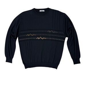 L Tagio Mens Merino Wool Blend Sweater Black Made‎ in Italy Pull Over Preppy
